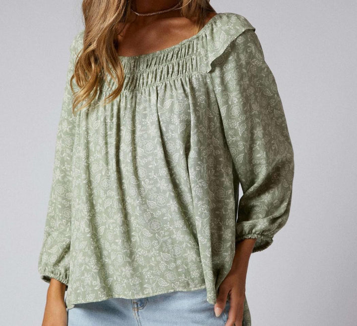 3/4 Sleeve Ruffle Peasant Hi-Low Top 3/4 Sleeve Ruffle Peasant Hi-Low Top