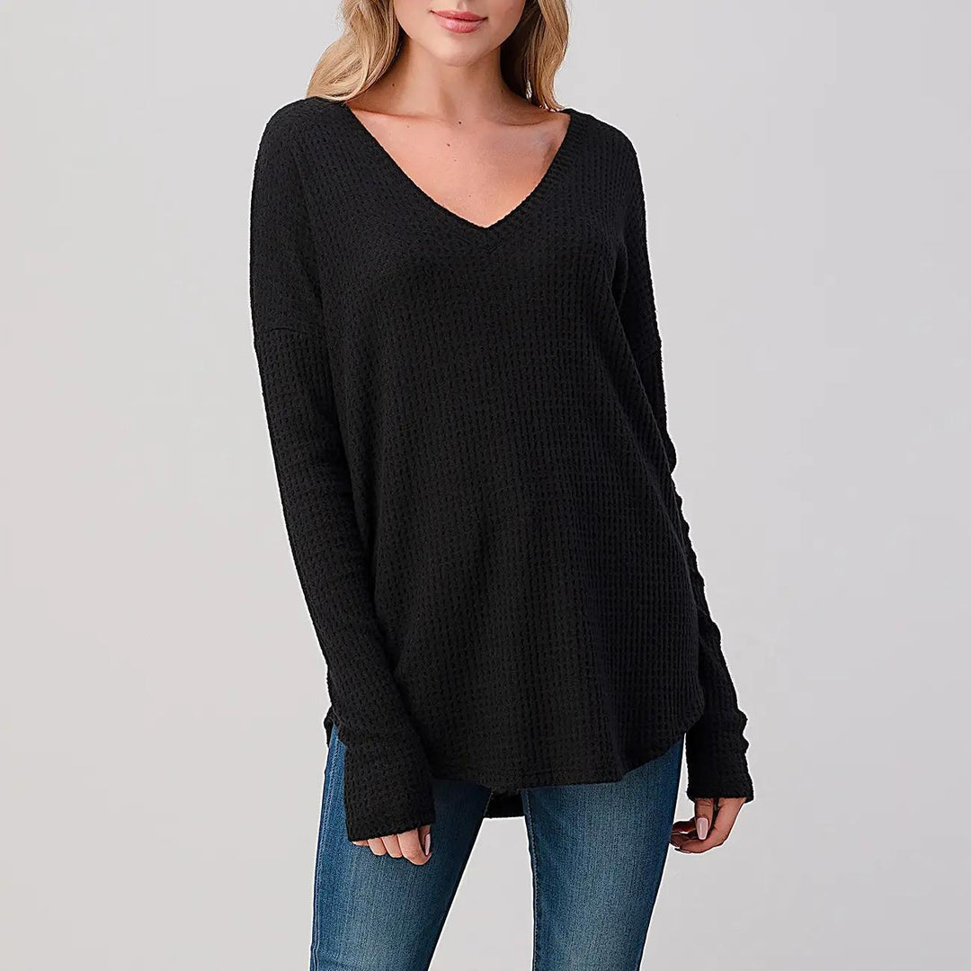 Heimious Long Sleeve V-Neck Waffle Knit Top Black S LOOSE FIT Heimious Long Sleeve V-Neck Waffle Knit Top