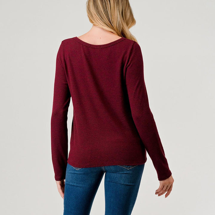 Heimious Long Sleeve Off-Side Twist Hacci Knit Top Burgundy S Heimious Long Sleeve Off-Side Twist Hacci Knit Top