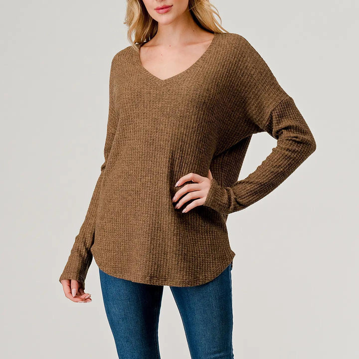 Heimious Long Sleeve V-Neck Waffle Knit Top Coffee S Heimious Long Sleeve V-Neck Waffle Knit Top