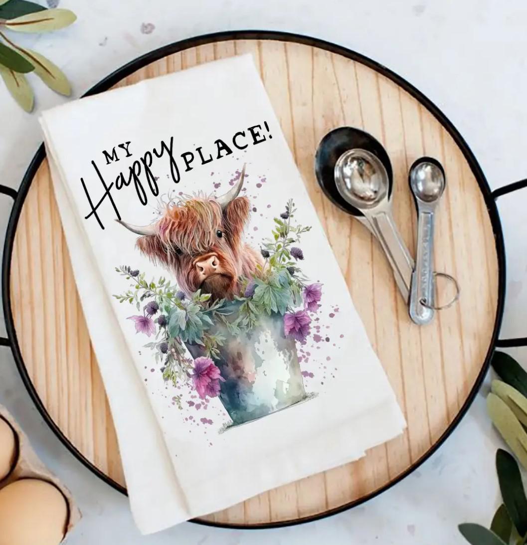 Cotton Tea Towel | Happy Place Highland Cow