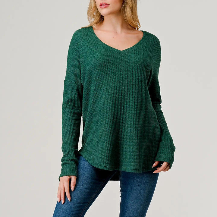 Heimious Long Sleeve V-Neck Waffle Knit Top Evergreen S Heimious Long Sleeve V-Neck Waffle Knit Top