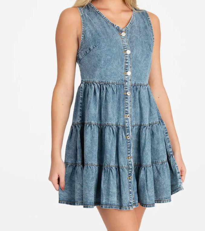 given kale denim dress Given Kale Tiered Denim Dress – Golden Gait Mercantile