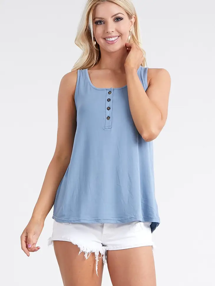 Loose Fit Tank Top With Button | Denim Blue