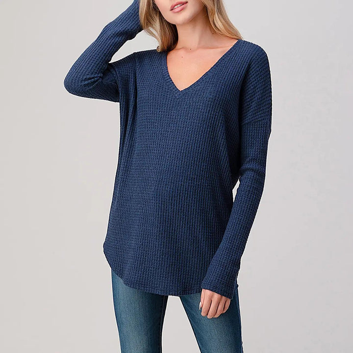Heimious Long Sleeve V-Neck Waffle Knit Top Navy S Heimious Long Sleeve V-Neck Waffle Knit Top
