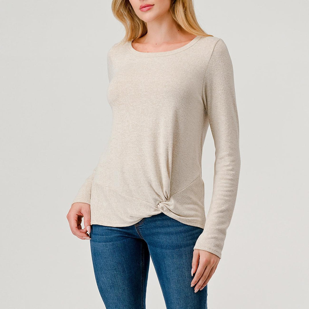 Heimious Long Sleeve Off-Side Twist Hacci Knit Top Oatmeal S Heimious Long Sleeve Off-Side Twist Hacci Knit Top