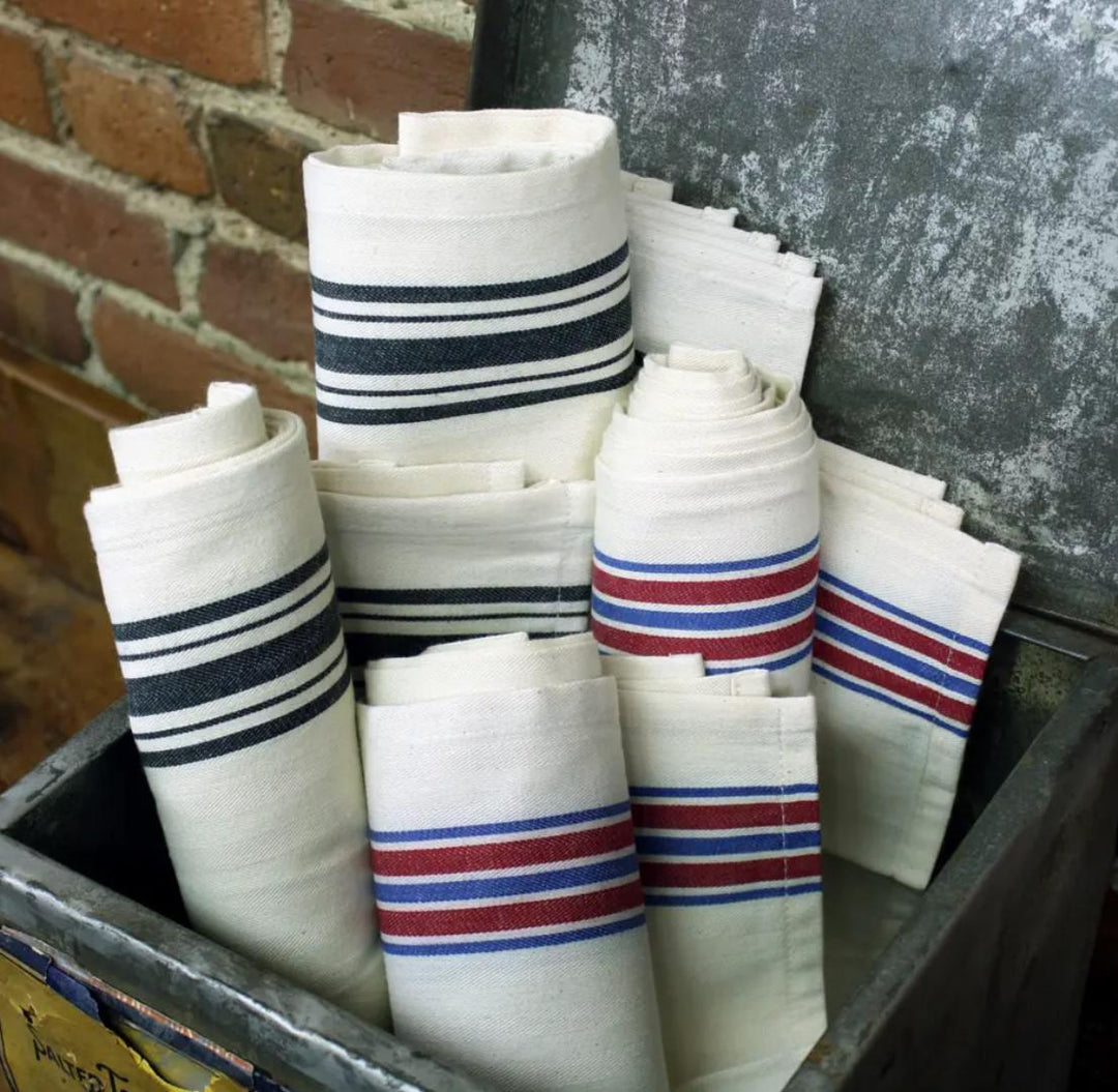Vintage Farmhouse Retro Stripe Kitchen Towel Red & Blue