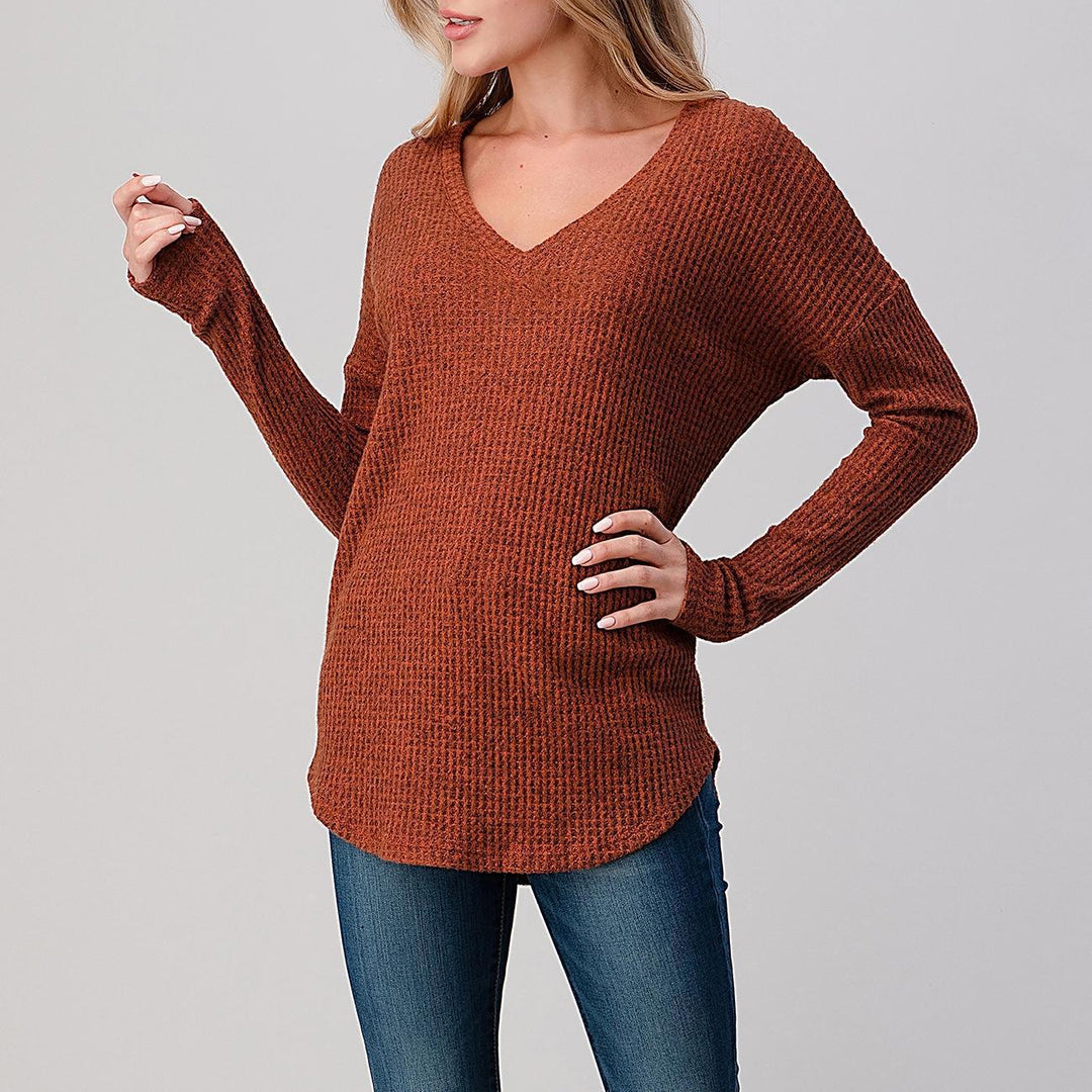 Heimious Long Sleeve V-Neck Waffle Knit Top Rust S Heimious Long Sleeve V-Neck Waffle Knit Top