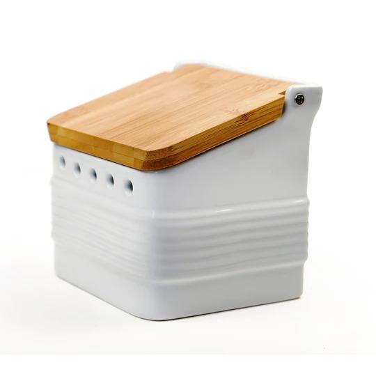 Stoneware & Bamboo Garlic Keeper