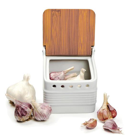 Stoneware & Bamboo Garlic Keeper
