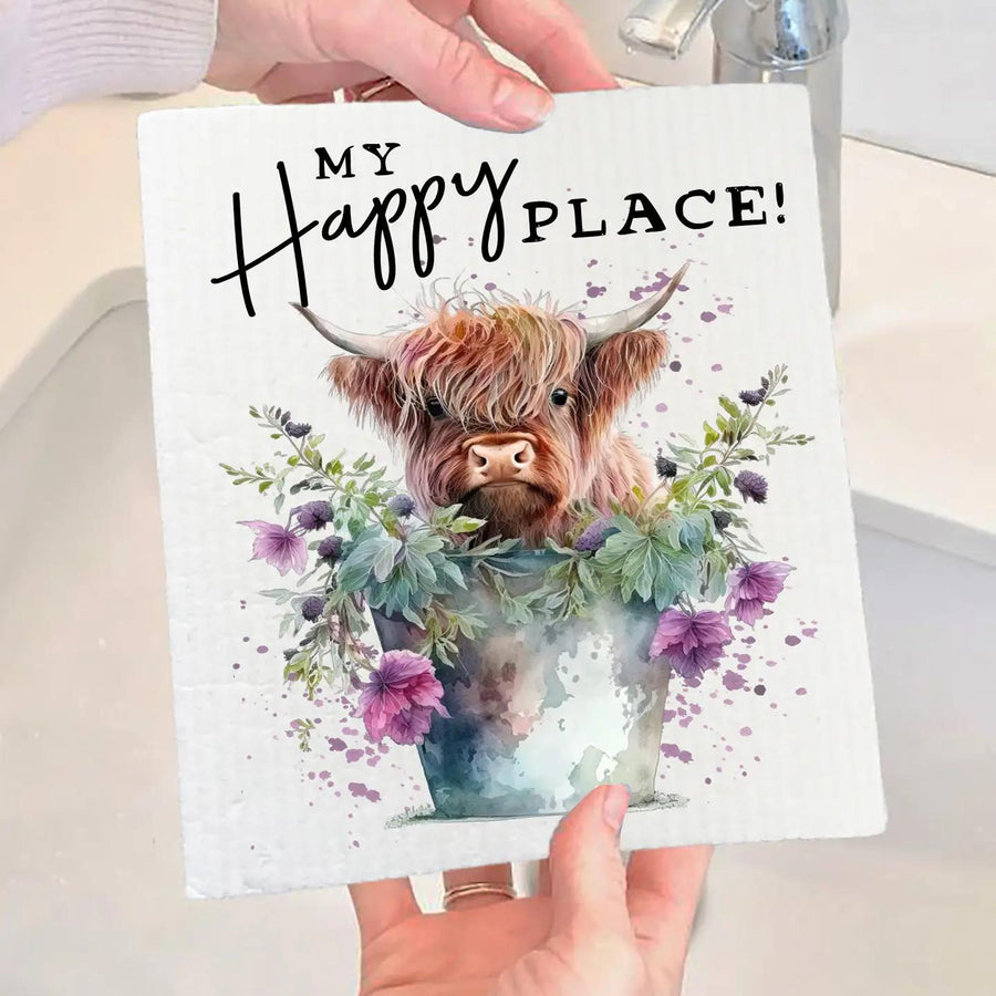 Swedish Sponge Dish Cloth | Highland Cow My Happy Place Swedish Sponge Dish Cloth | Highland Cow My Happy Place