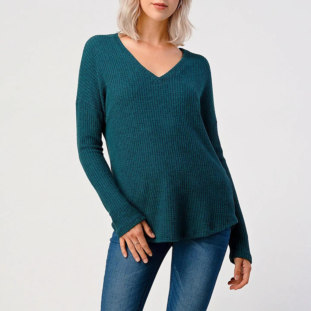 Heimious Long Sleeve V-Neck Waffle Knit Top TEAL S Heimious Long Sleeve V-Neck Waffle Knit Top