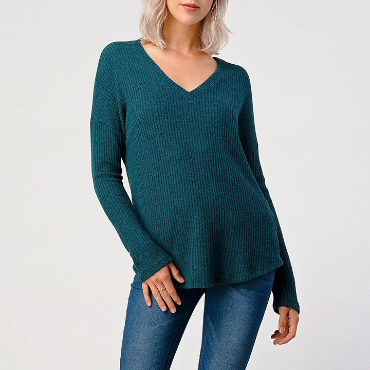 Heimious Long Sleeve V-Neck Waffle Knit Top TEAL S Heimious Long Sleeve V-Neck Waffle Knit Top