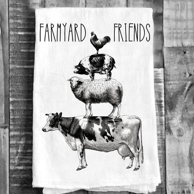 Cotton Tea Towel - Cow Sheep Pig Chicken "Farmyard Friends Ferndale California"