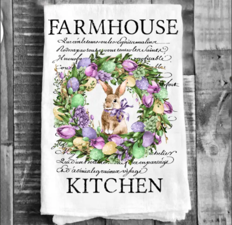 Cotton Tea Towel - Farmhouse Kitchen Easter Bunny Wreath