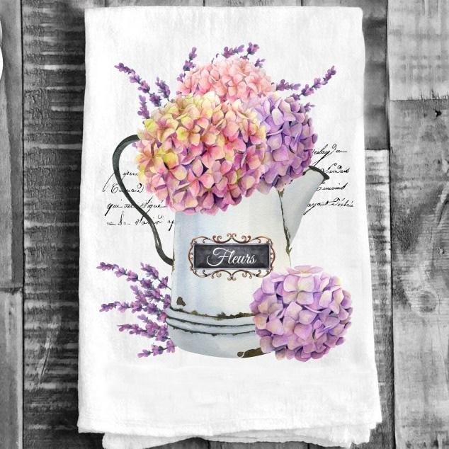 Cotton Tea Towel - Farmhouse Pitcher Hydrangea Flowers