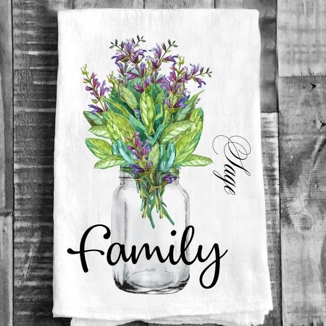 Cotton Tea Towel - Flowers Mason Jar Sage "Family"