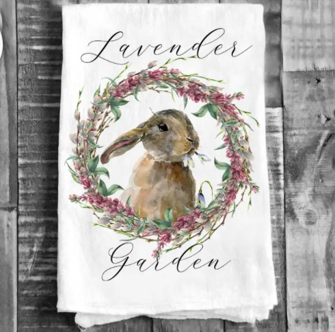 Cotton Tea Towel - Spring Bunny Lavender Garden