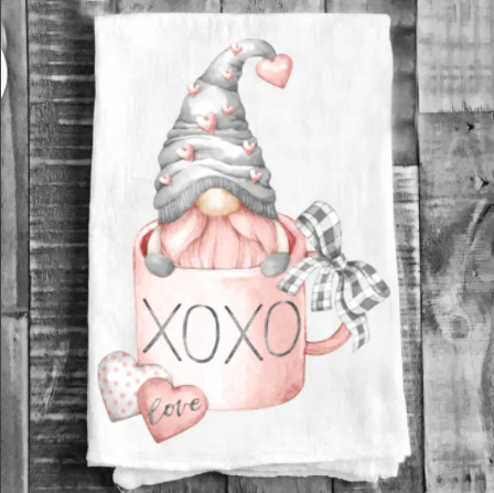 Cotton Tea Towel | Valentine Gnome Coffee Cup