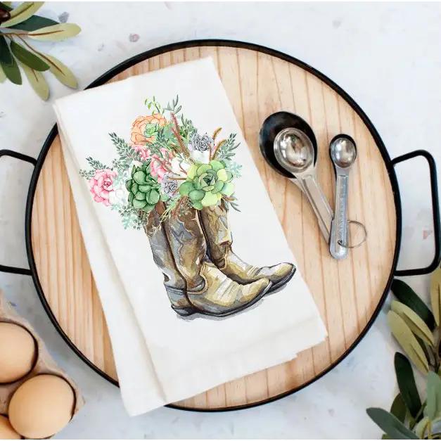 Cotton Tea Towel | Western Cowboy Boots & Succulents
