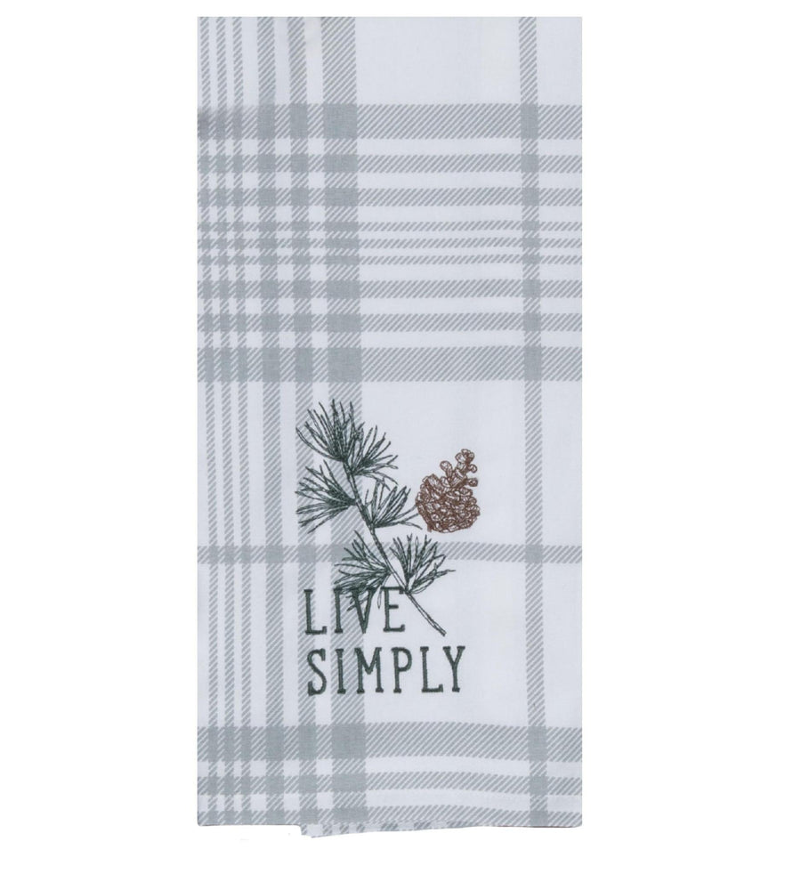 Embroidered Tea Towel Pinecone "Live Simply"