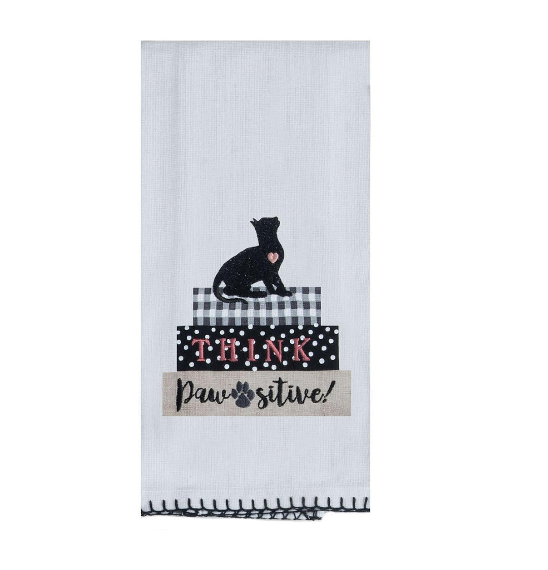 Embroidered Tea Towel "Think Pawsitive"