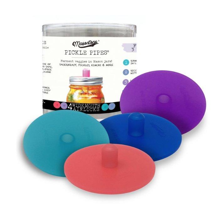Masontops Pickle Pipes - Waterless Airlock Fermentation Lids - Wide Mouth Mason Jar Fermenter Cap - Premium Silicone Top