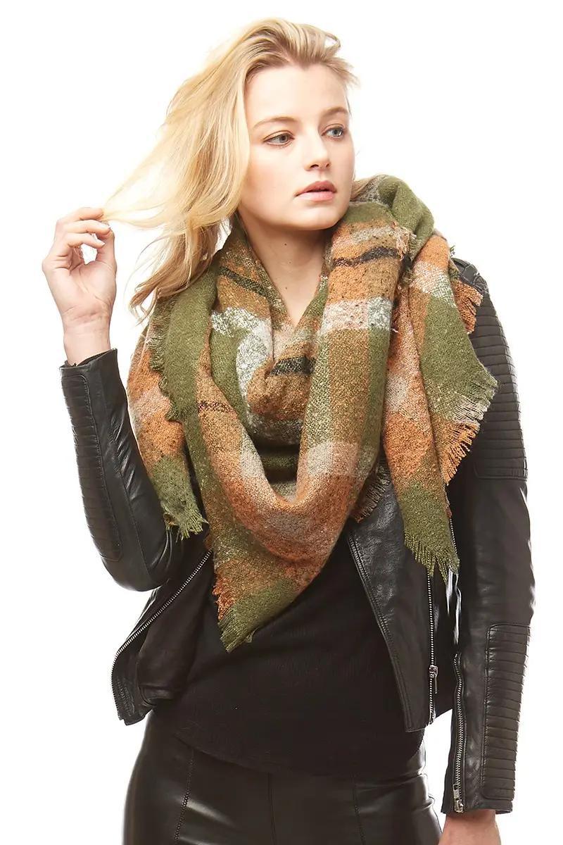 Multi-Colored Plaid Blanket Scarf Wrap | Olive