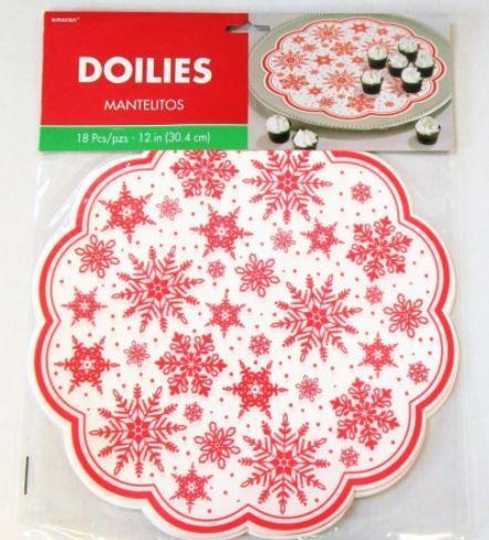 Red Printed Snowflakes Paper Doilies 12"