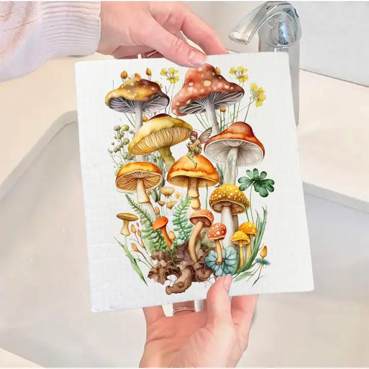 Swedish Sponge Dish Cloth | Vintage Mushrooms Botanicals Fairy