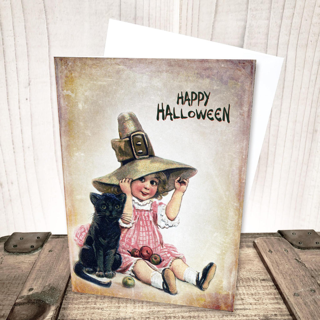 Sweet Girl with Black Cat Halloween Card by Yesterday's Best