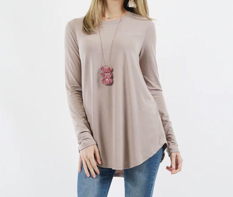 Women's Long Sleeve Round Neck Round Hem Top | Ash Mocha