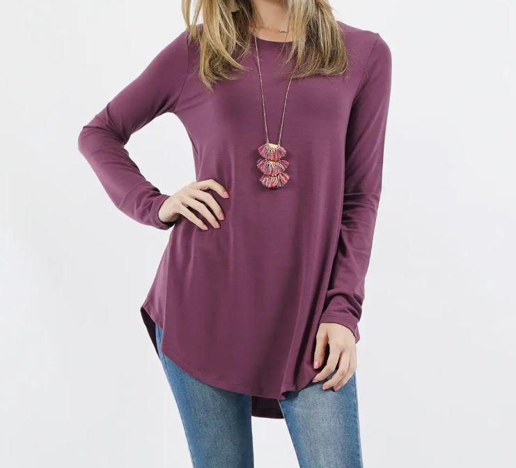 Women's Long Sleeve Round Neck Round Hem Top | Eggplant