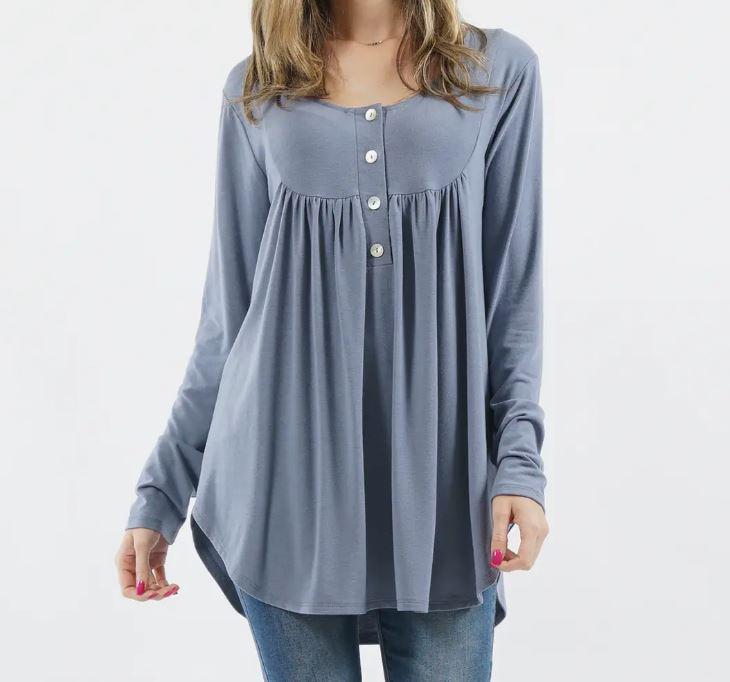 Women's Shirring Henley Top | Cement