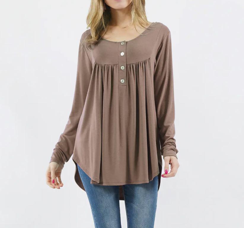 Women's Shirring Henley Top | Mocha