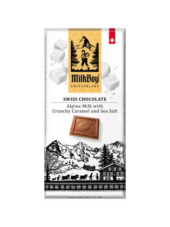 Milkboy Finest Swiss Milk Chocolate with Crunchy Caramel and Sea Salt 3.5 oz Milkboy Finest Swiss Milk Chocolate with Crunchy Caramel and Sea Salt