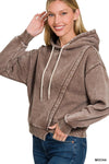 Acid Wash Asymmetrical Detailed Fleece Hoodie