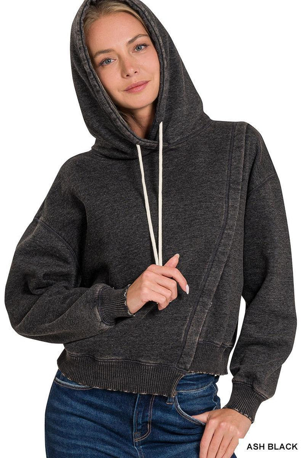 Acid Wash Asymmetrical Detailed Fleece Hoodie