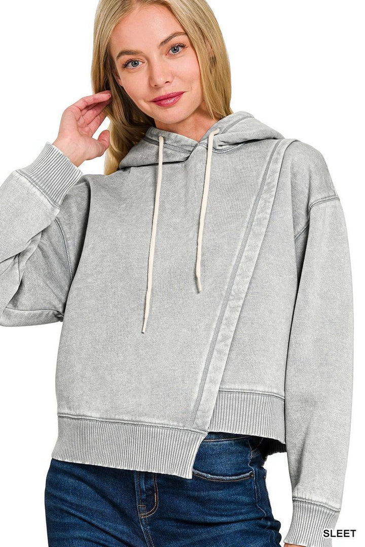 Acid Wash Asymmetrical Detailed Fleece Hoodie