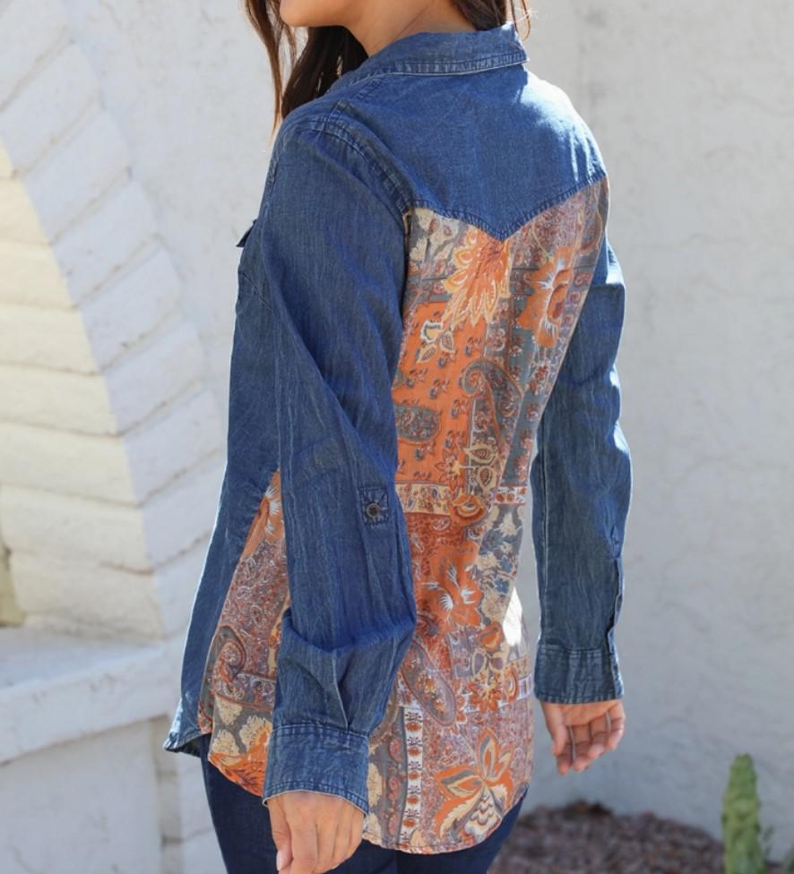 Acid Wash Button Down Shirt with Embroidery and Paisley Back