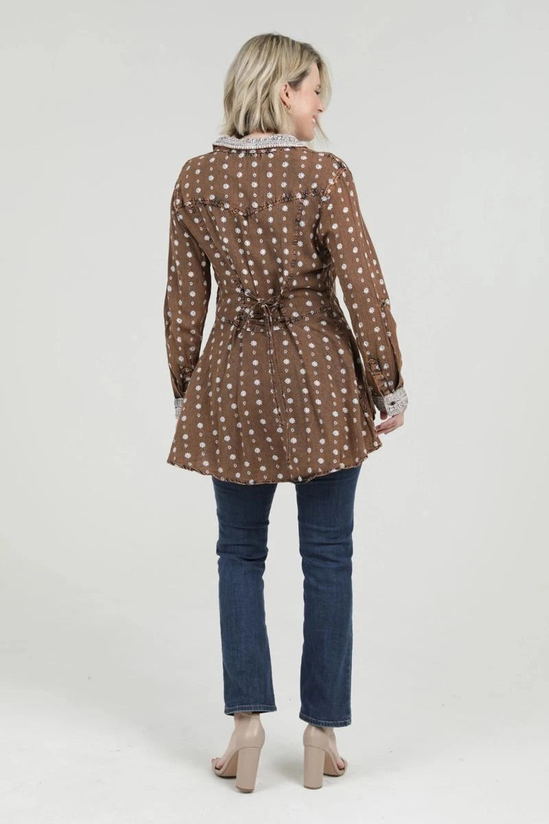 Acid Wash Button Front Hi Lo Printed Shirt with Tie Back Acid Wash Button Front Hi Lo Printed Shirt with Tie Back