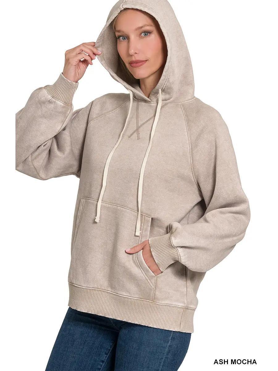 Acid Wash Fleece Hoodie with Pockets