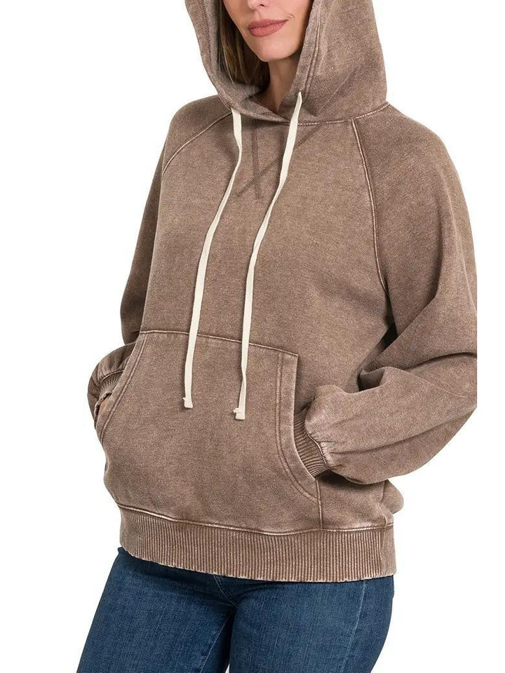 Acid Wash Fleece Hoodie with Pockets