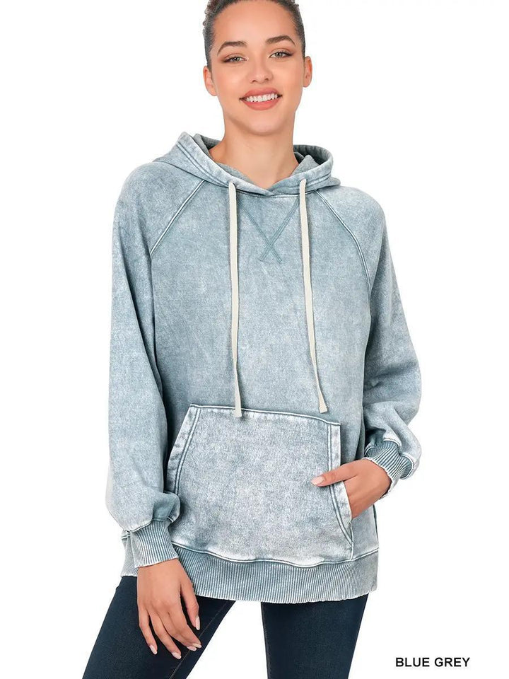 Acid Wash Fleece Hoodie with Pockets