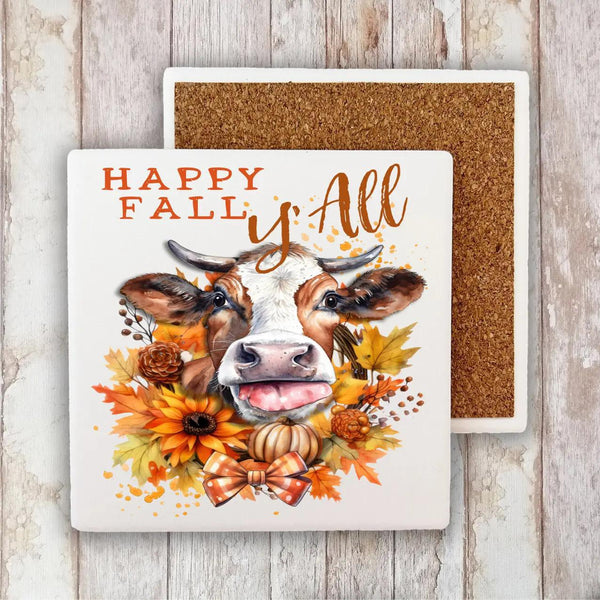 Fall Decorative Stone Coaster Autumn Happy Fall Y'all Cow