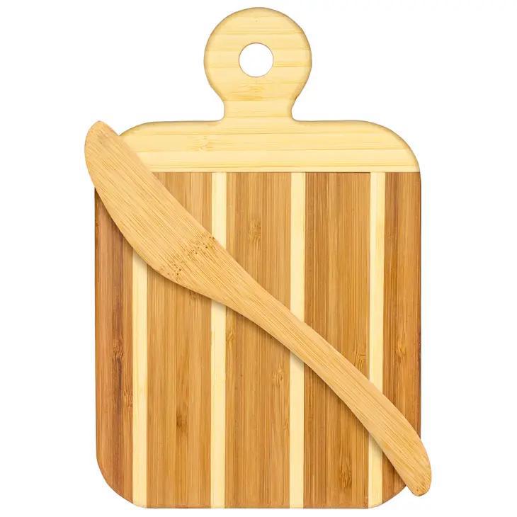 Bamboo Striped Paddle Serving & Cutting Board & Spreader Knife Gift Set