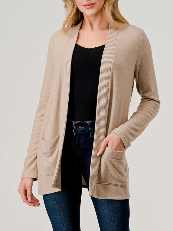 Heimious Rib Contrast Brushed Knit Cardigan w/ Pockets Beige L