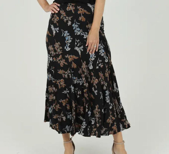 Black Blue Printed Floral Skirt