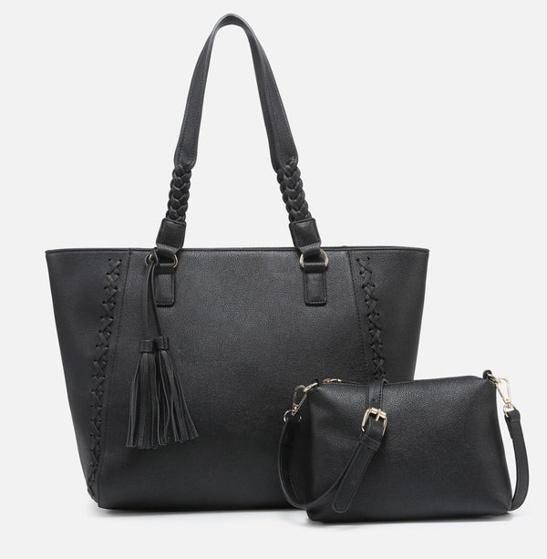 Lisa Structured Tote Set w/ Braided Accents Black