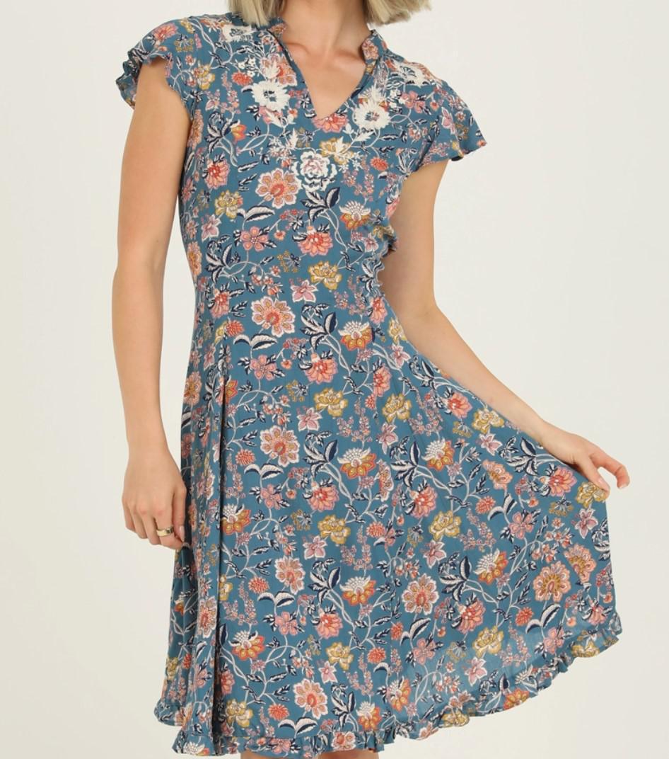 Blue Floral Embroidered Neck Dress